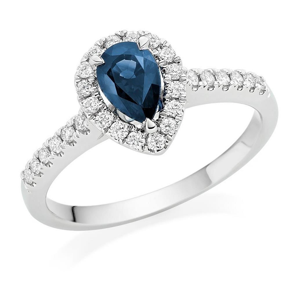 18ct White Gold Diamond Sapphire Pear Shaped Halo Ring 0113615