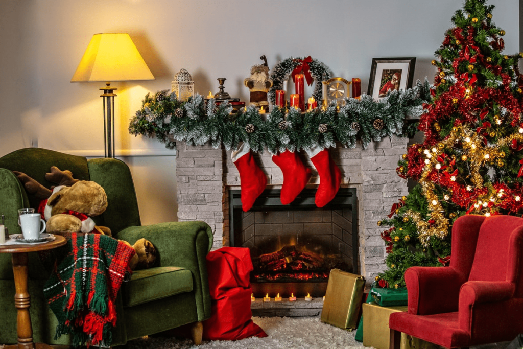 A Photo Of Christmas Themed Living Room Featuring Green And Red Chairs A Fireplace And Other Bright Colored Holiday Ornaments