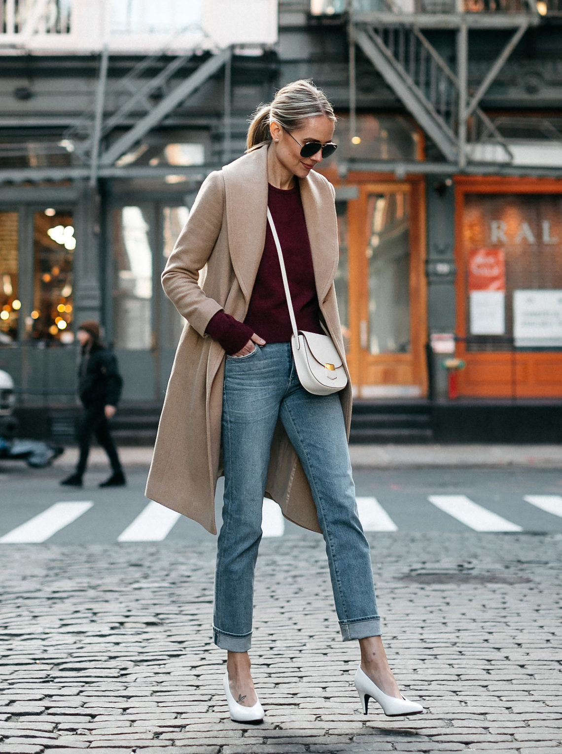 Fashion Jackson Club Monaco Camel Coat Burgundy Sweater Denim Jeans White Pumps Celine White Trotteur Handbag 1 1140x1530