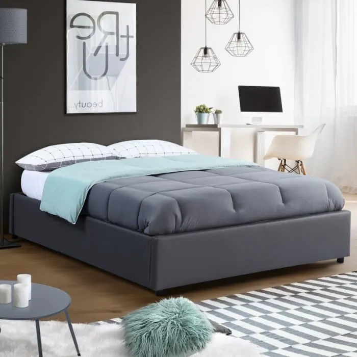 Lit coffre miami pvc gris avec sommier 160 x 200 c